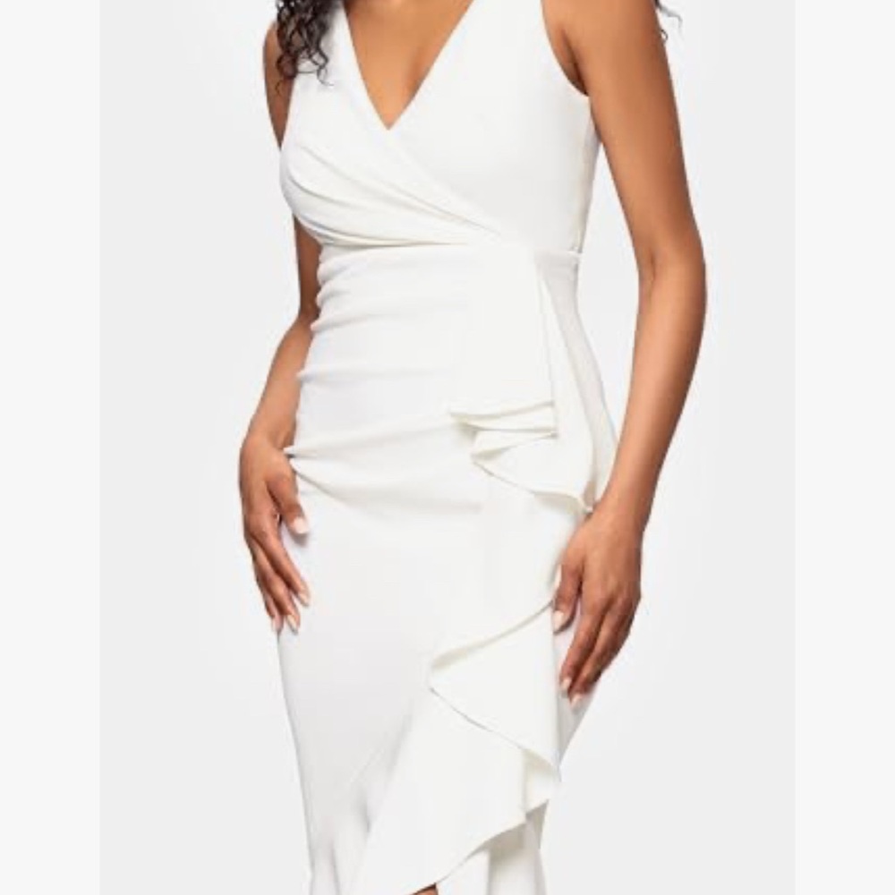 Betsy & Adam Ivory V-Neck High-Low Ruffle Dress - Picture 4 of 6